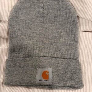 Carhartt Gray Knit Cuffed Beanie with Orange Logo Patch
